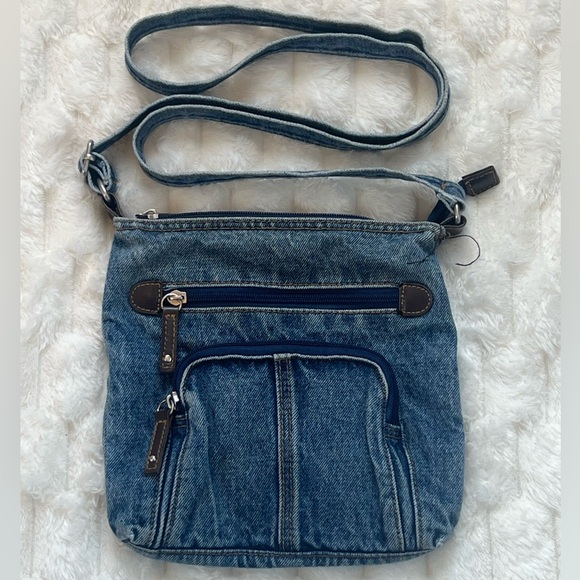 Y2K Denim Crossbody Bag Blue Jean Multi Pocket Zip Purse 2000s Boho - Picture 2 of 6